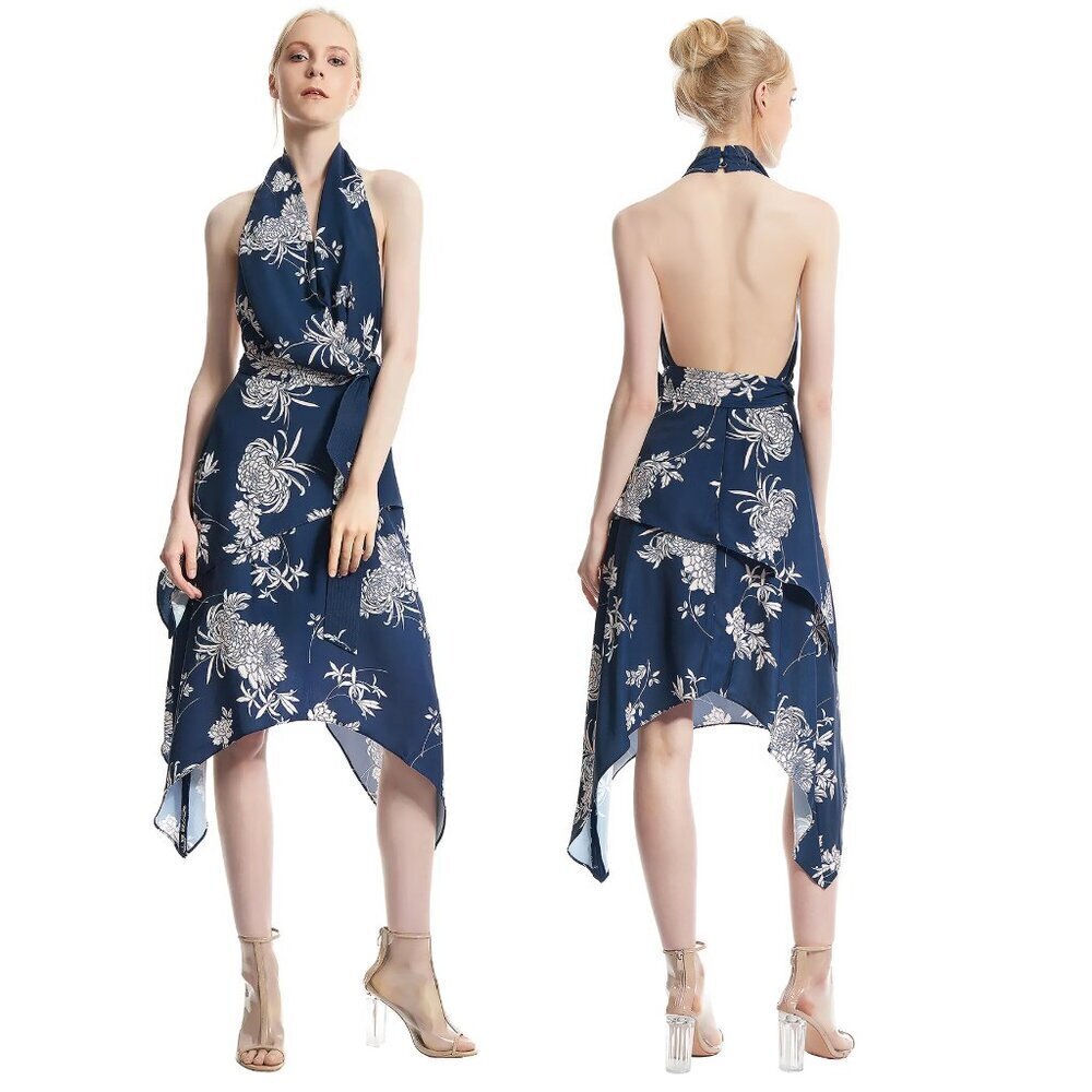 Keepsake The Label Asymmetrical Floral Blue Satin Halter Midi Cocktail Dress M